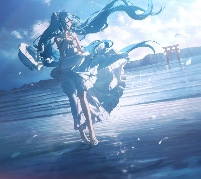 Hatsune Miku in a white dress by the ocean with a torii gate