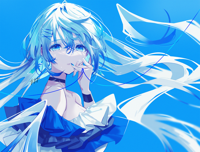 Anime girl with blue hair and blue eyes crying