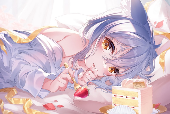 Anime girl with animal ears eating cake and strawberry