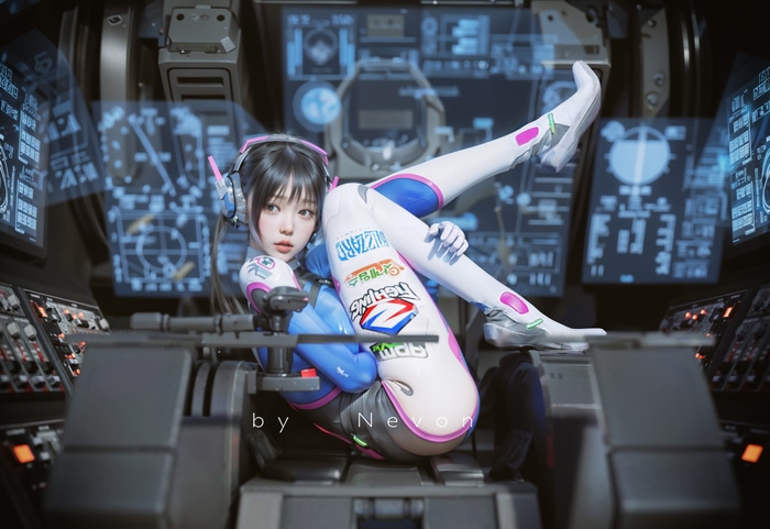 4K D.Va cosplay in a futuristic cockpit by Nevon