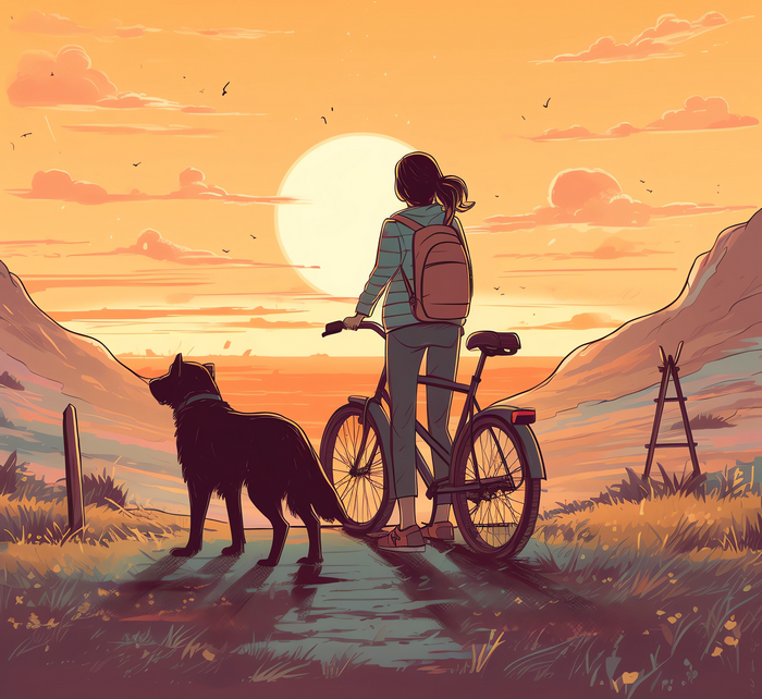 Girl and dog with bicycle at sunset