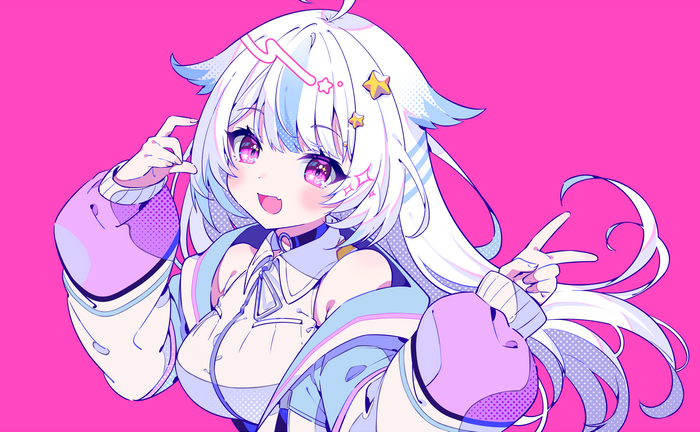Virtual YouTuber with pink background and peace sign