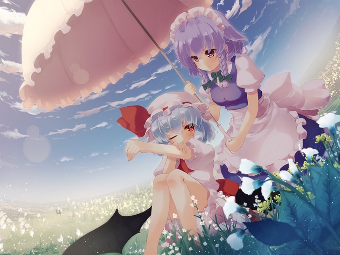Izayoi Sakuya and Remilia Scarlet under an umbrella