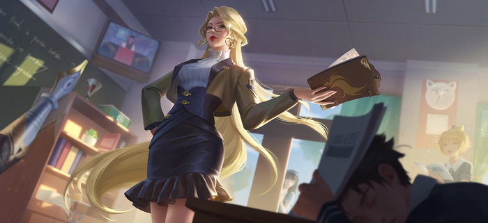 Teacher with glasses in a classroom holding a book