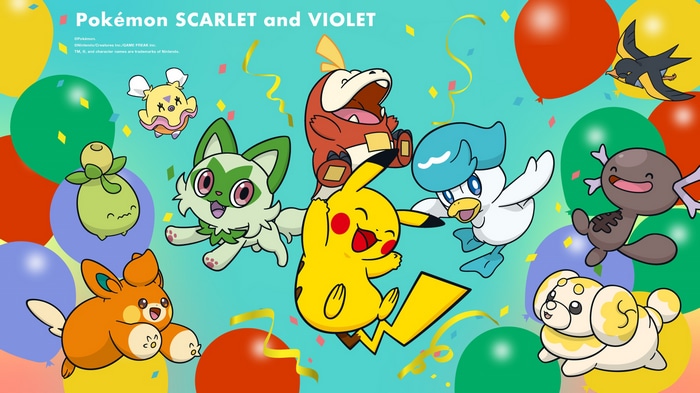Pokemon Scarlet and Violet characters with balloons and confetti