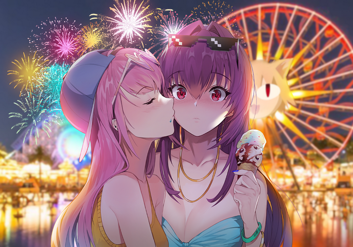 Two girls kissing at a carnival with fireworks