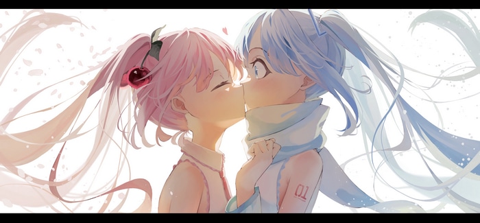 Vocaloid Yuri: Pink and Blue Hair Girls Kissing