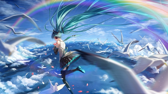 Hatsune Miku flying with birds under a rainbow