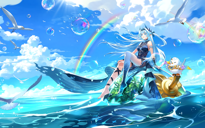 Girl with blue hair and a bird on a whale in the sea