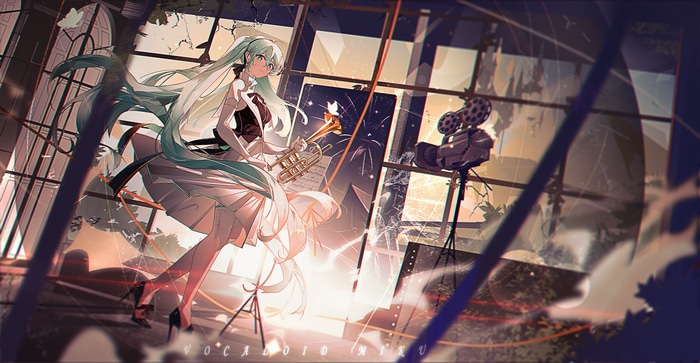 Hatsune Miku playing a trumpet in a ruined room