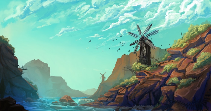 Landscape with windmills by the river
