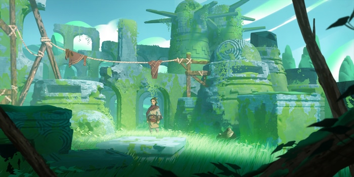 Ruined ancient architecture with a person standing