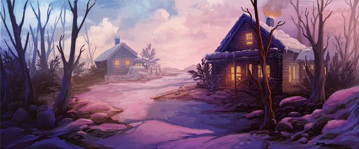 Winter village with snow-covered houses and bare trees