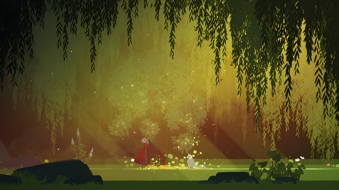 Girl in red with wolf in a forest