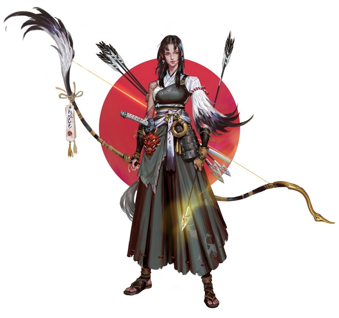 Archer with bow and arrows, red sun background