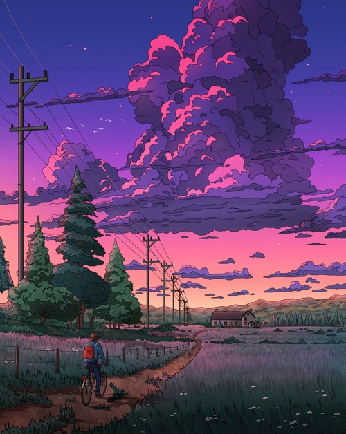 Person cycling on a path at sunset with dramatic clouds