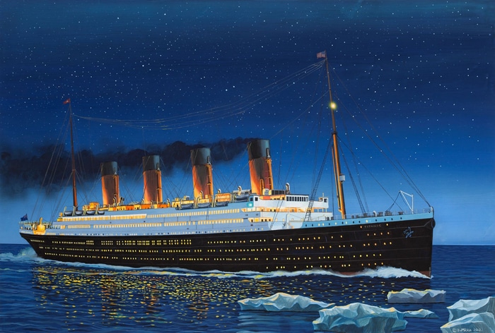 The Titanic sailing at night with icebergs