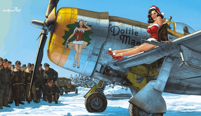Pin-up girls on a "Dottie Mae" aircraft with soldiers