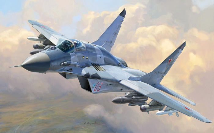 Mikoyan MiG-29 in flight with clouds