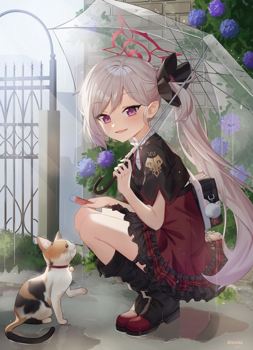 Asagi Mutsuki with a cat under an umbrella in the rain
