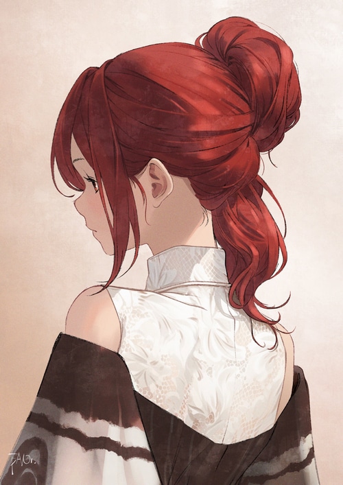Anime girl with red hair in a bun