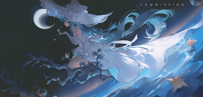 Girl with blue hair and dress under crescent moon