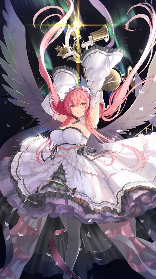 Anime girl with pink hair and wings in a white dress