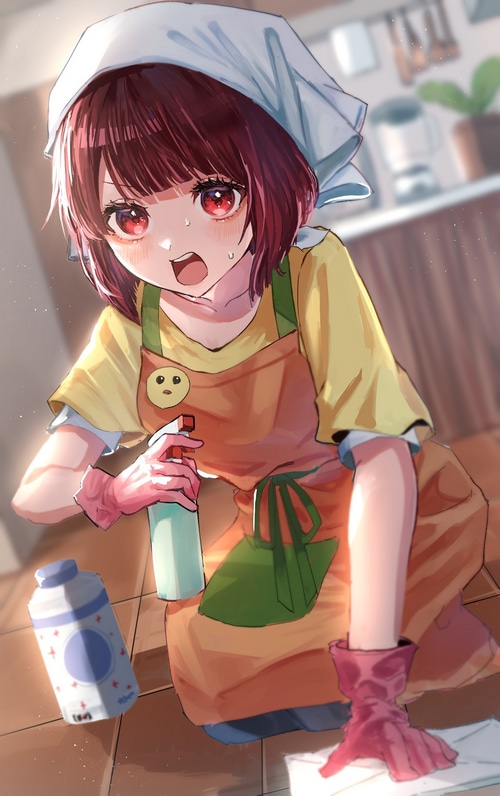 Kana Arima from Oshi no Ko cleaning with spray bottle