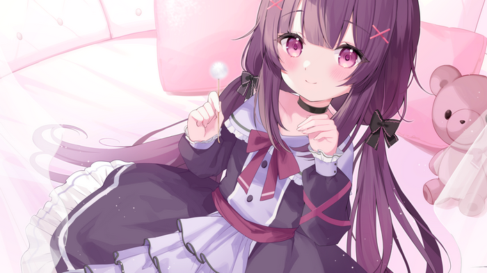 Girl with purple twintails holding a dandelion
