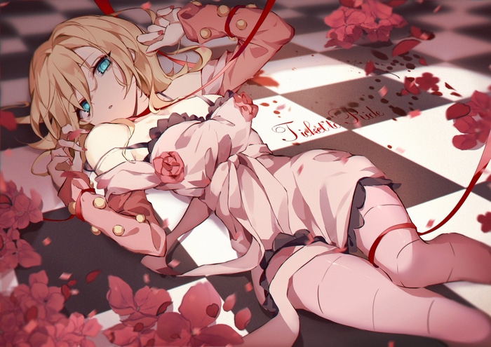 Anime girl with blonde hair and blue eyes lying down