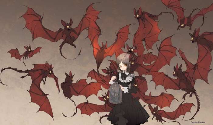 Gothic anime girl with bats and a cage