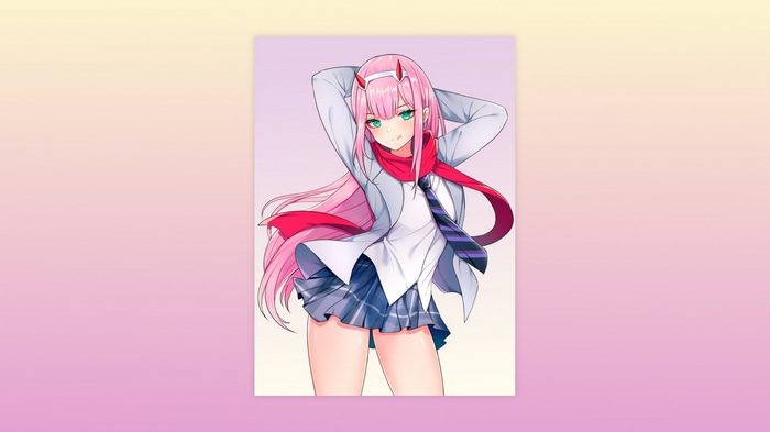 Zero Two in School Uniform with Pink Hair and Horns
