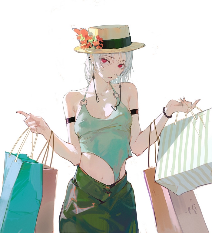 Anime girl with white hair and red eyes holding shopping bags