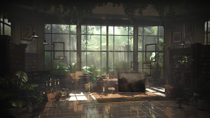 Sunlit room with plants and vintage electronics