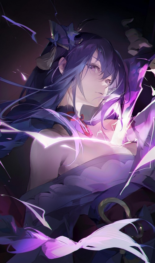 Raiden Shogun with purple hair and lightning
