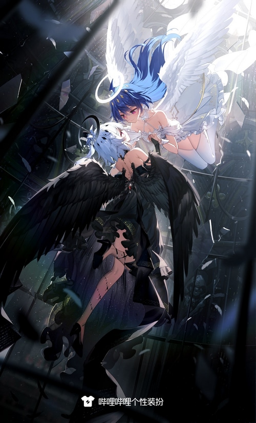 Two anime girls with wings, one with black wings and one with white wings