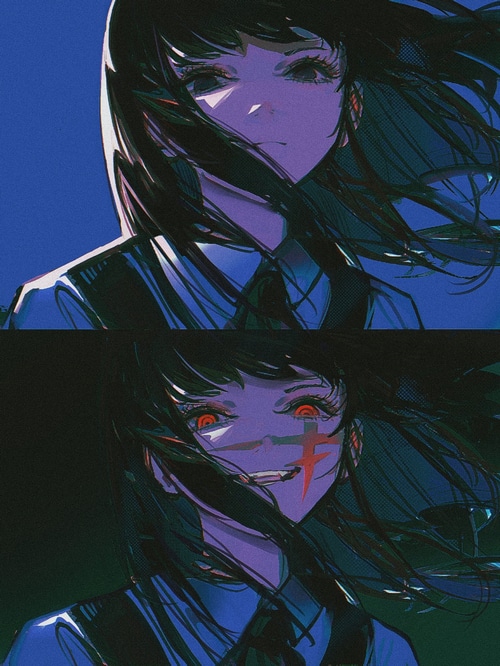 Mitaka Asa with glowing red eyes and scars