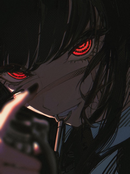 Mitaka Asa with red eyes holding a gun