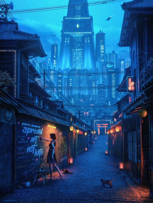 Cyborg girl sprays graffiti in a futuristic blue alleyway