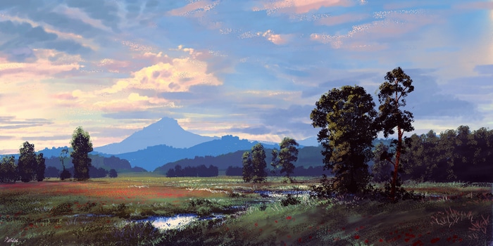 4K landscape with mountains, clouds, and trees