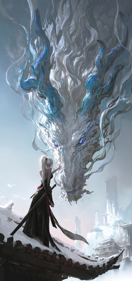 Girl with Sword and White Dragon in Snowy Landscape