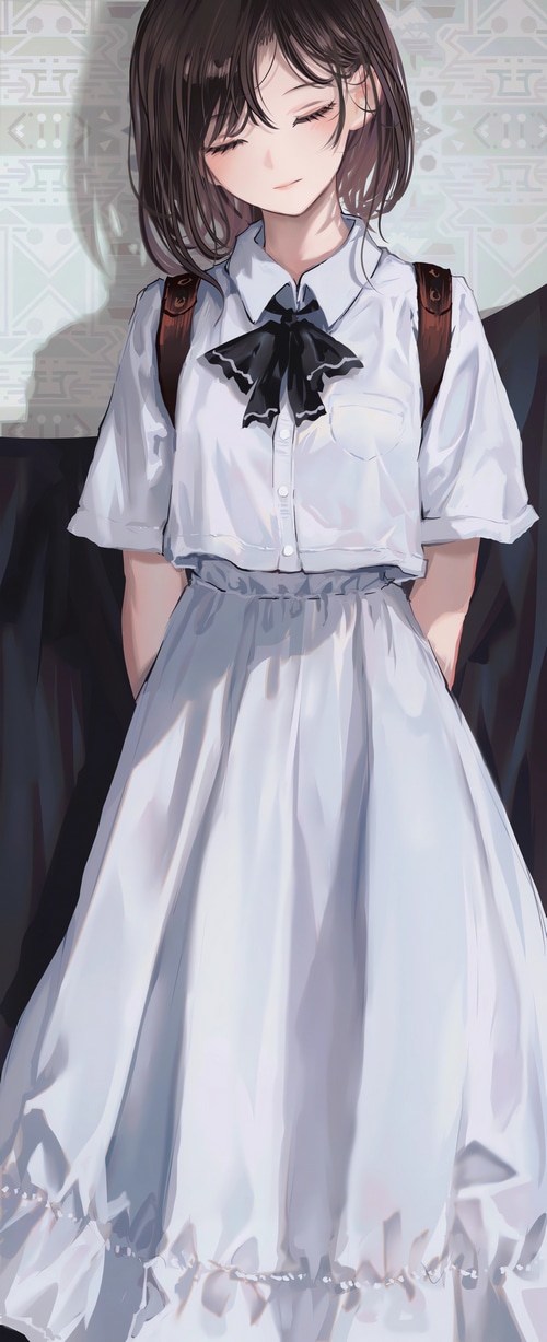 Girl in white dress with black bow