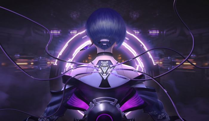 Cyber Hunter Artwork of a Woman with Purple Hair