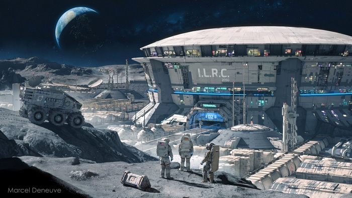 4K Moon Base with Astronauts and Earth