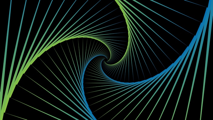 Abstract spiral with green and blue gradient on black background