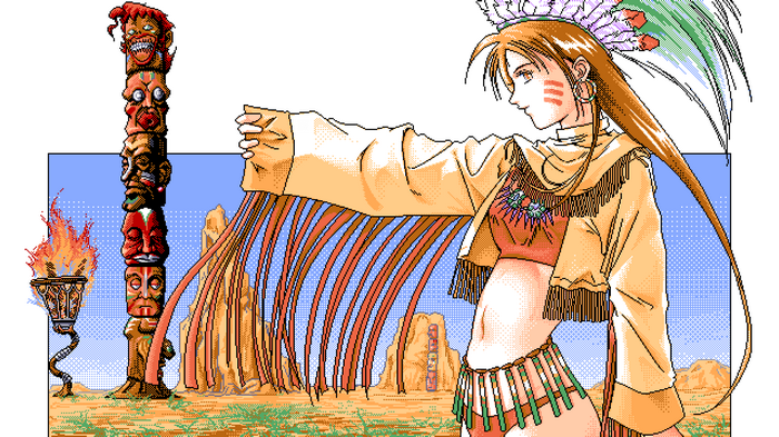 Native American woman with totem pole and bonfire