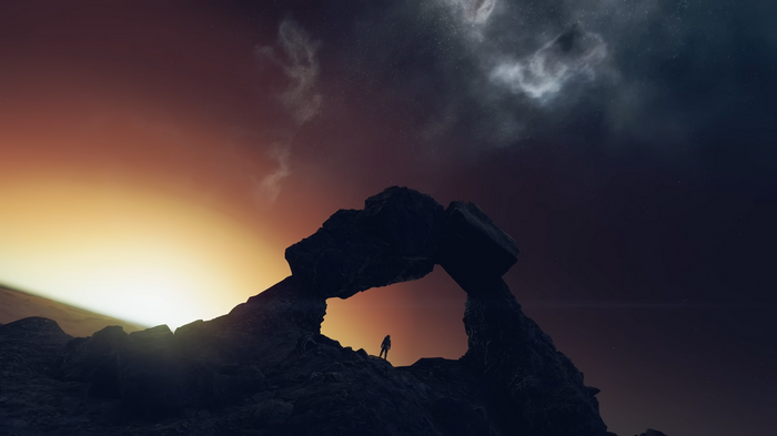 Starfield: A lone figure stands under a rock arch in space