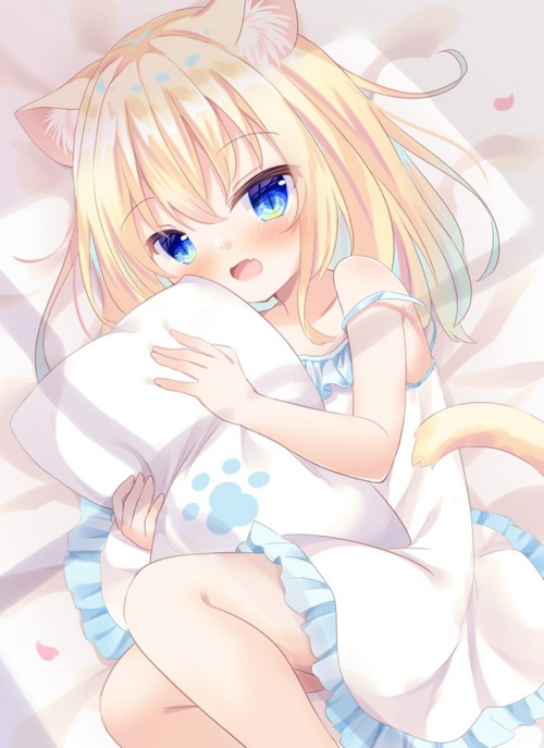 Blonde cat girl with blue eyes holding a pillow
