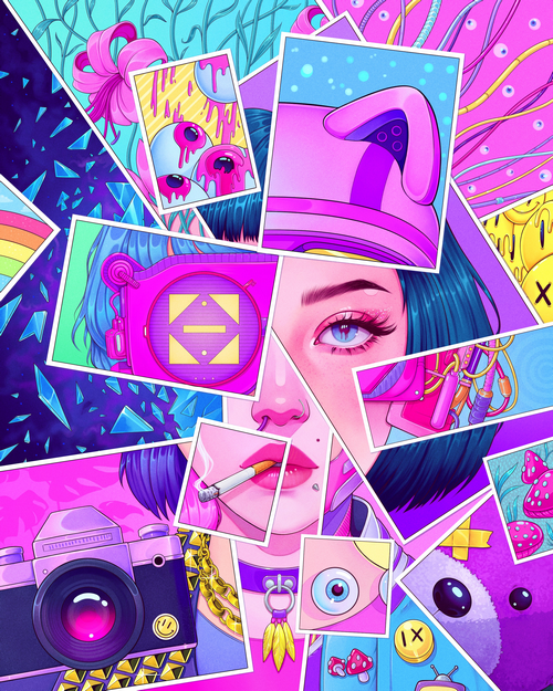 Collage of a woman with blue hair and a camera