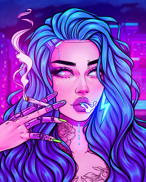 Meowgress with blue hair smoking a cigarette